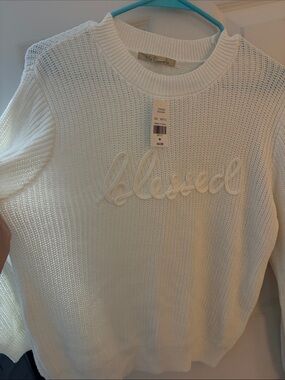 My Michelle Cream Crewneck Sweater with 'Blessed' Applique
